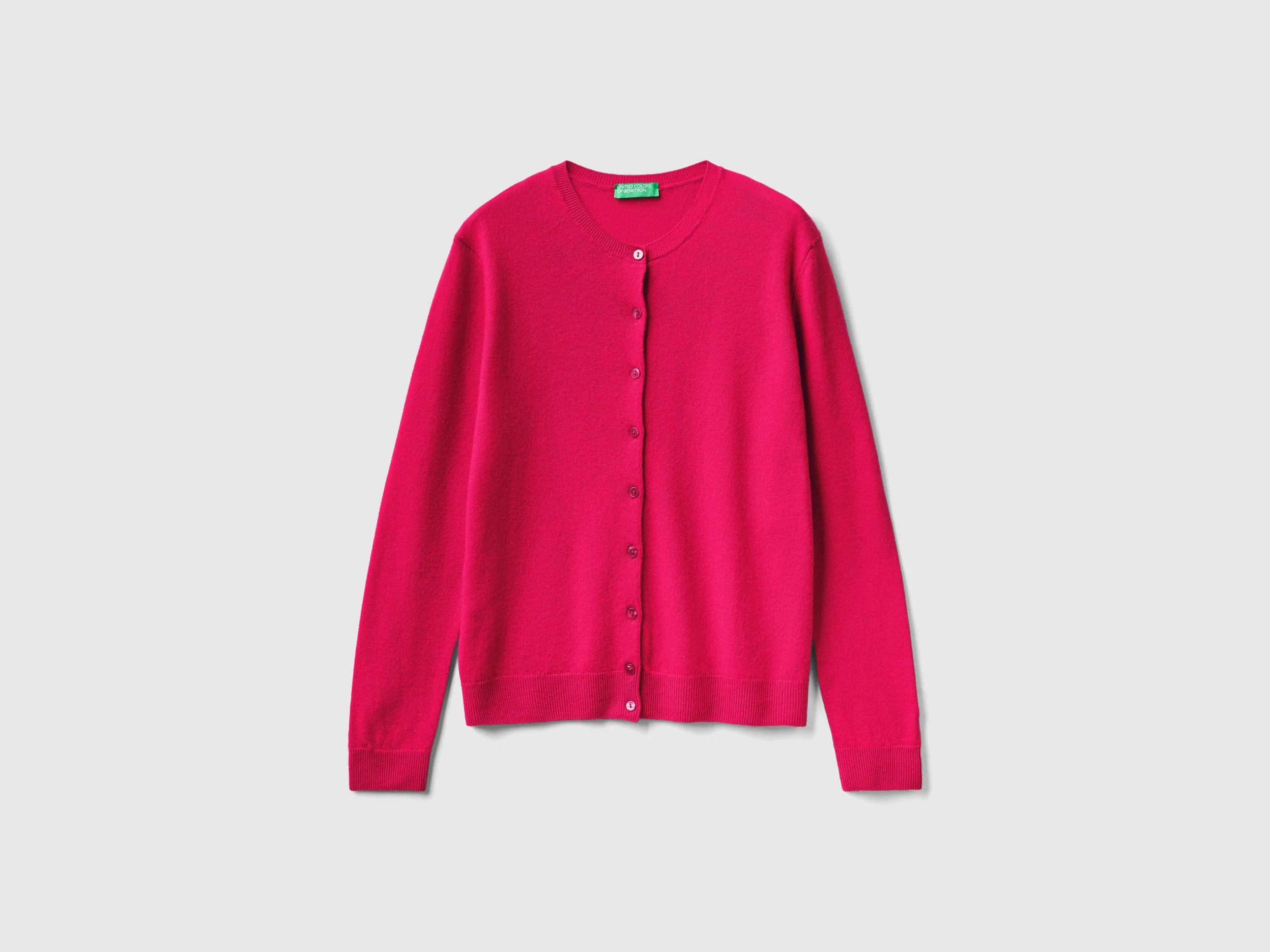 Cardigan girocollo fucsia in pura lana Merino